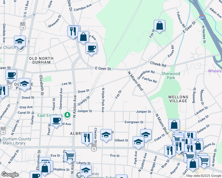 map of restaurants, bars, coffee shops, grocery stores, and more near 1409 Evelyn Street in Durham