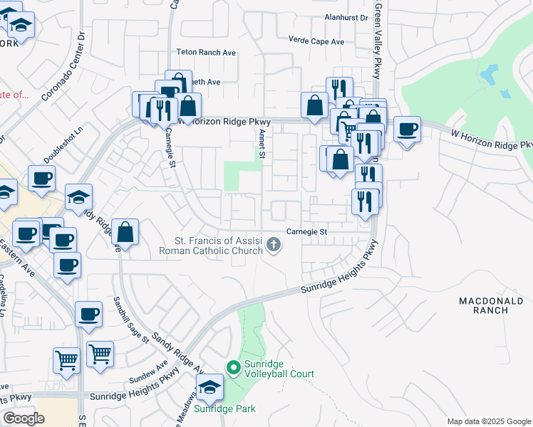 map of restaurants, bars, coffee shops, grocery stores, and more near 723 Sharon Hills Street in Henderson