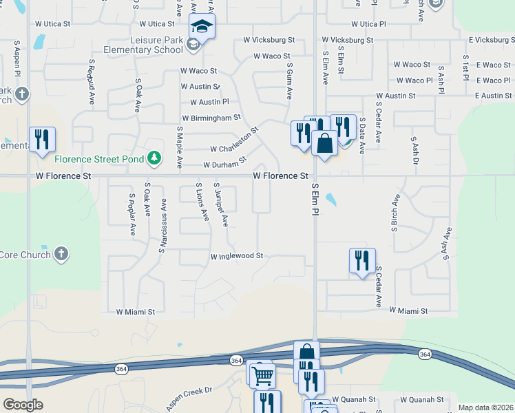 map of restaurants, bars, coffee shops, grocery stores, and more near 4906 South Gum Avenue in Broken Arrow