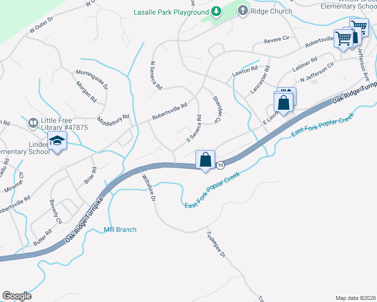 map of restaurants, bars, coffee shops, grocery stores, and more near 28 Lindale Lane in Oak Ridge