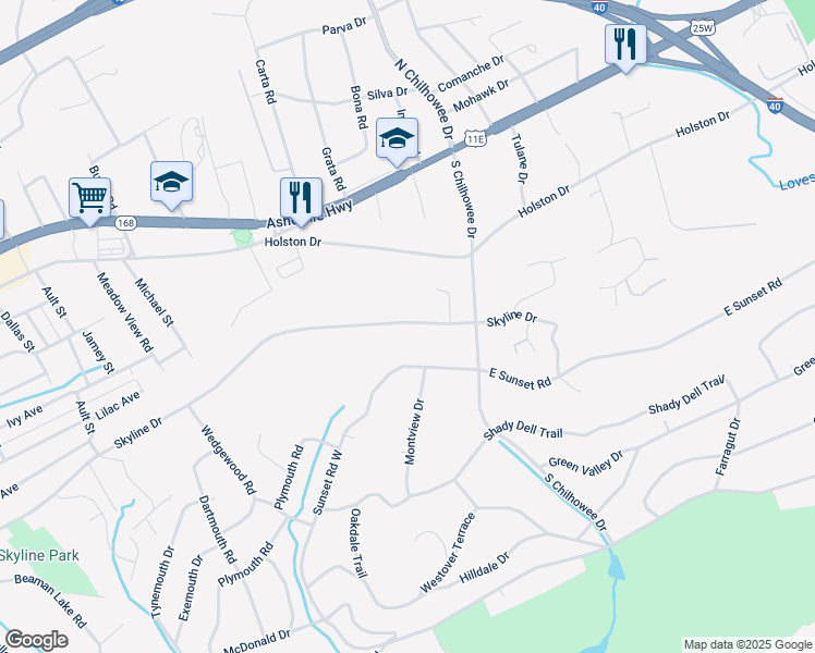 map of restaurants, bars, coffee shops, grocery stores, and more near 4827 Skyline Drive in Knoxville