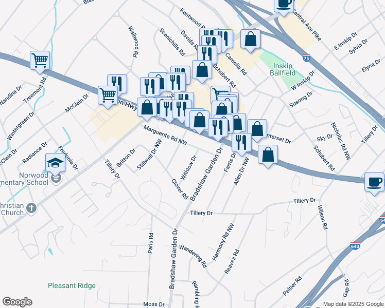 map of restaurants, bars, coffee shops, grocery stores, and more near 5015 Marguerite Road Northwest in Knoxville