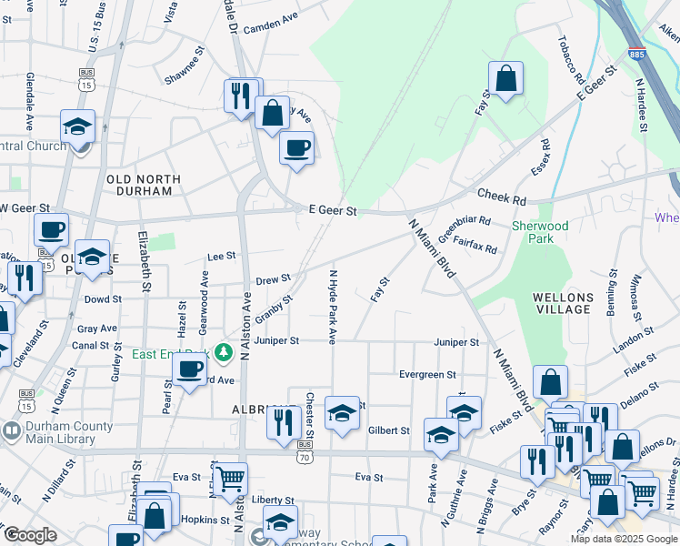map of restaurants, bars, coffee shops, grocery stores, and more near 1512 North Hyde Park Avenue in Durham