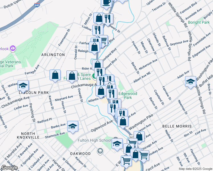 map of restaurants, bars, coffee shops, grocery stores, and more near 3136 North Broadway in Knoxville