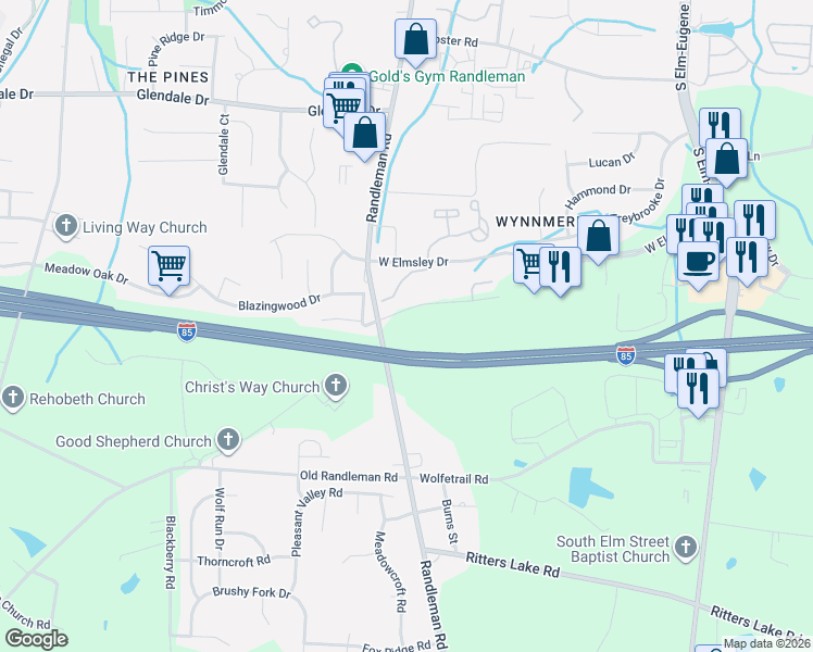map of restaurants, bars, coffee shops, grocery stores, and more near 517 Kallamdale Road in Greensboro