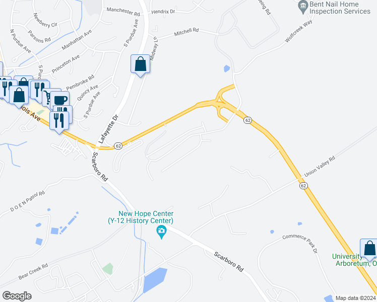 map of restaurants, bars, coffee shops, grocery stores, and more near Summit Place in Oak Ridge
