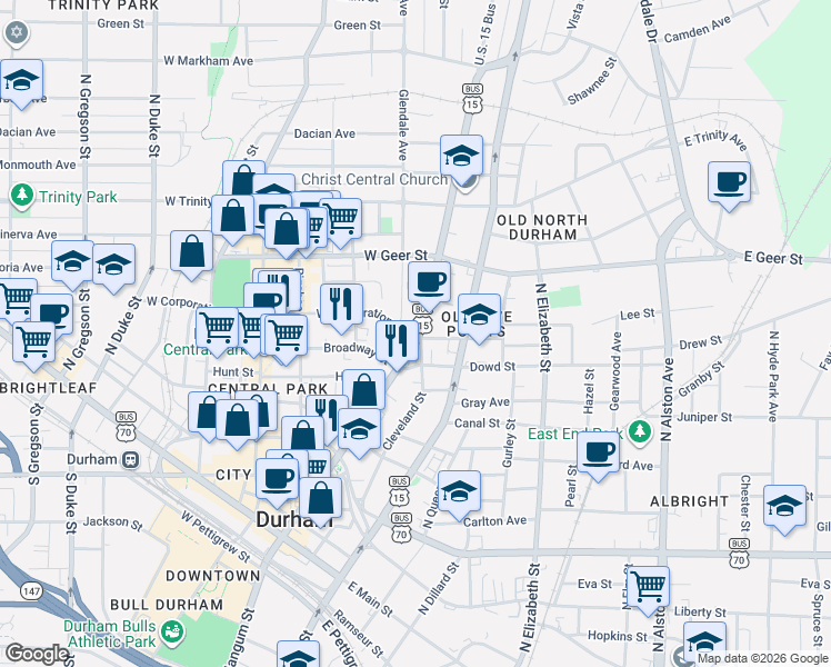 map of restaurants, bars, coffee shops, grocery stores, and more near 801 North Mangum Street in Durham