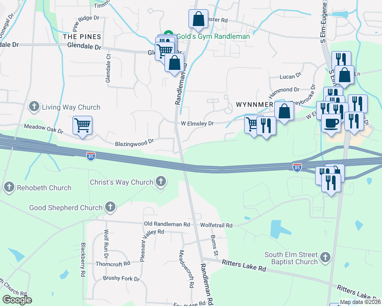 map of restaurants, bars, coffee shops, grocery stores, and more near 517 Kallamdale Road in Greensboro