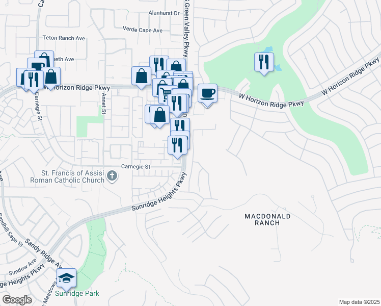 map of restaurants, bars, coffee shops, grocery stores, and more near 731 Glowing Horizon Street in Henderson