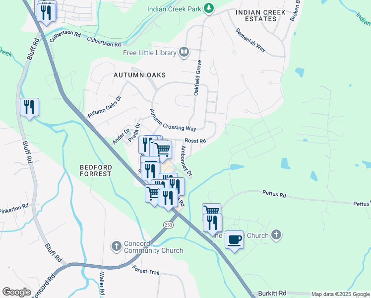 map of restaurants, bars, coffee shops, grocery stores, and more near 8715 Ambonnay Drive in Brentwood