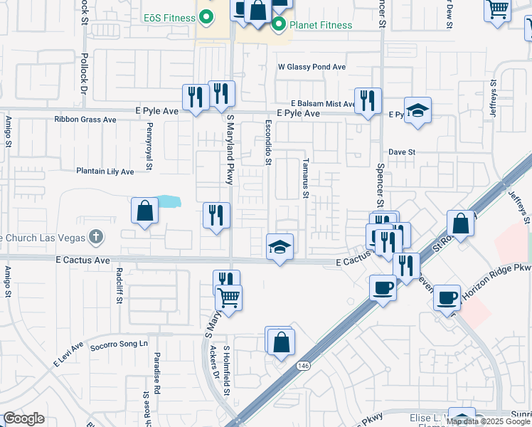 map of restaurants, bars, coffee shops, grocery stores, and more near 1341 Oak Village Avenue in Las Vegas