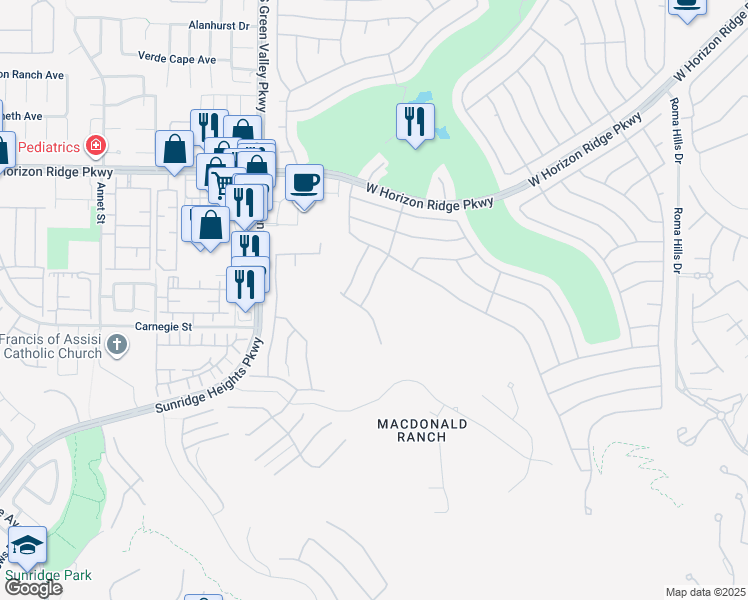 map of restaurants, bars, coffee shops, grocery stores, and more near 574 Carmel Valley Street in Henderson