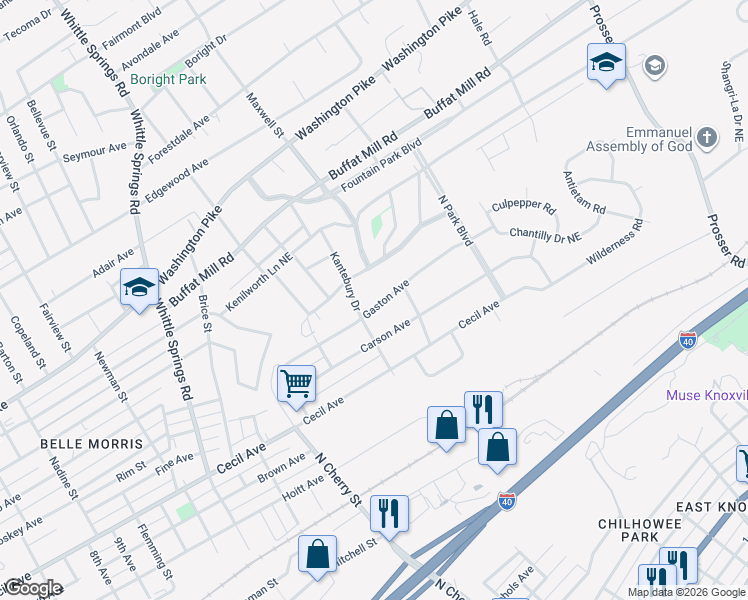 map of restaurants, bars, coffee shops, grocery stores, and more near 2819 Gaston Avenue in Knoxville