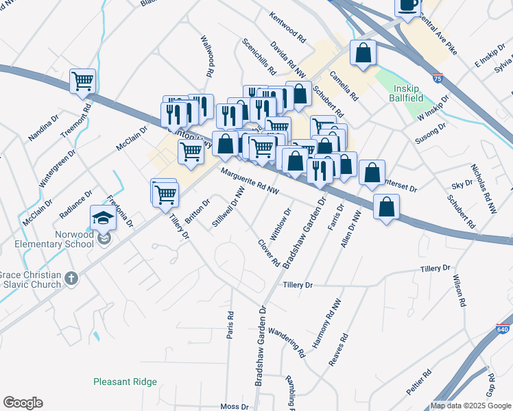 map of restaurants, bars, coffee shops, grocery stores, and more near 1113 Orchid Drive Northwest in Knoxville