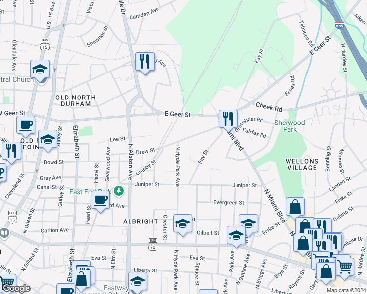 map of restaurants, bars, coffee shops, grocery stores, and more near 1120 Drew Street in Durham