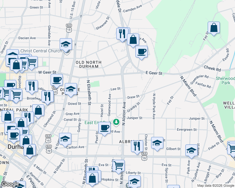 map of restaurants, bars, coffee shops, grocery stores, and more near 708 Lee Street in Durham