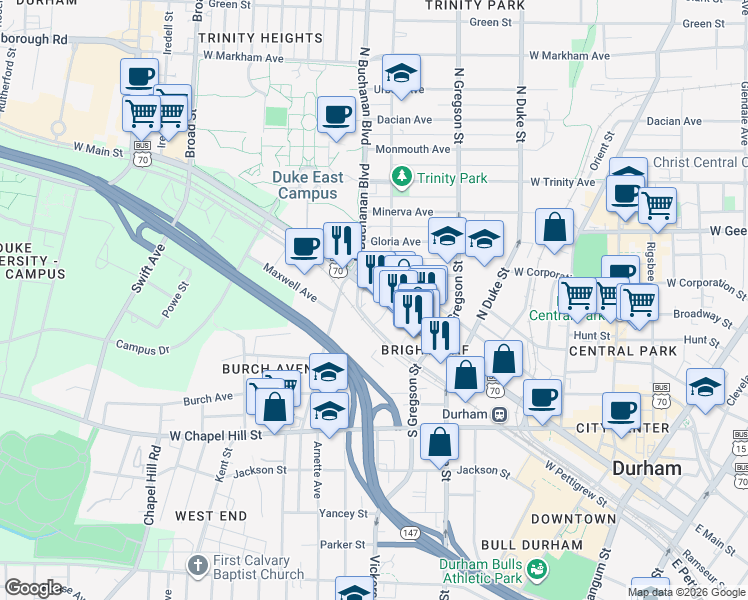 map of restaurants, bars, coffee shops, grocery stores, and more near 1109 U.S. 70 Business in Durham
