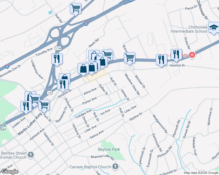map of restaurants, bars, coffee shops, grocery stores, and more near 212 Connex Street in Knoxville