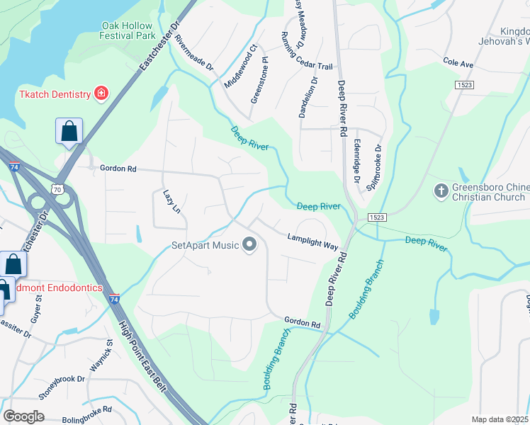 map of restaurants, bars, coffee shops, grocery stores, and more near 2510 Copperleaf Court in High Point