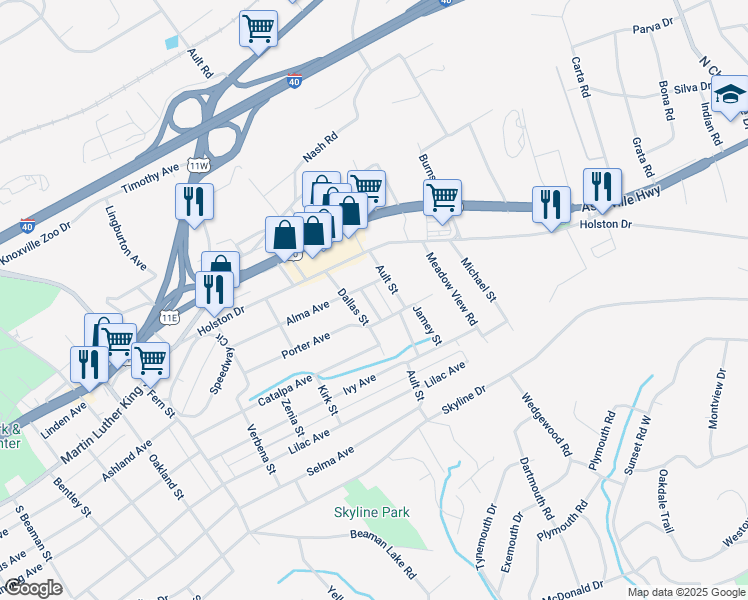 map of restaurants, bars, coffee shops, grocery stores, and more near 212 Connex Street in Knoxville