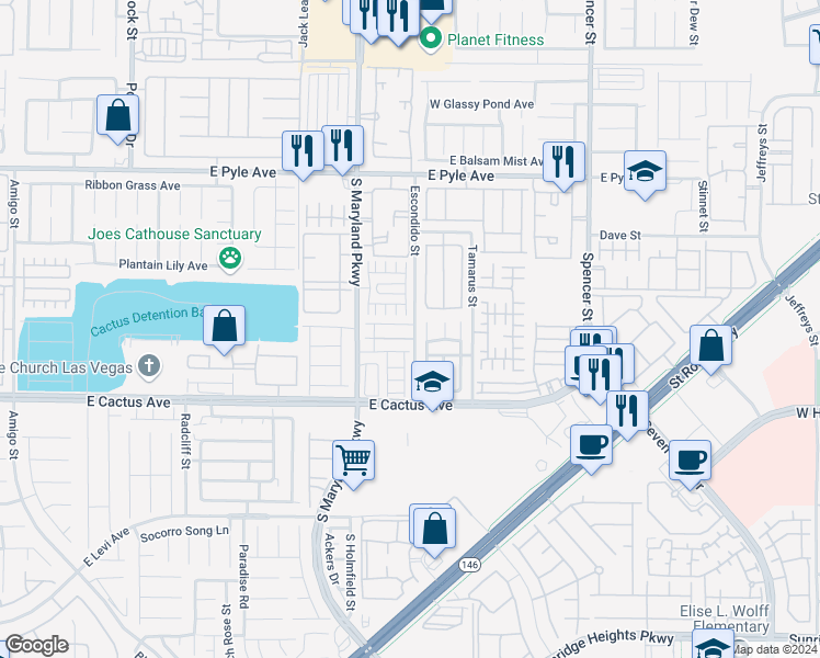 map of restaurants, bars, coffee shops, grocery stores, and more near 1341 Oak Village Avenue in Las Vegas