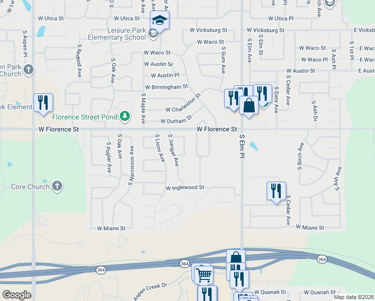 map of restaurants, bars, coffee shops, grocery stores, and more near 5001 South Ironwood Avenue in Broken Arrow