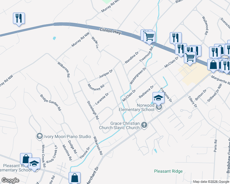 map of restaurants, bars, coffee shops, grocery stores, and more near 5716 Melstone Road in Knoxville