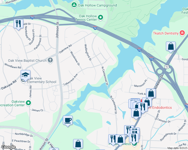 map of restaurants, bars, coffee shops, grocery stores, and more near 3015 Wellingford Street in High Point