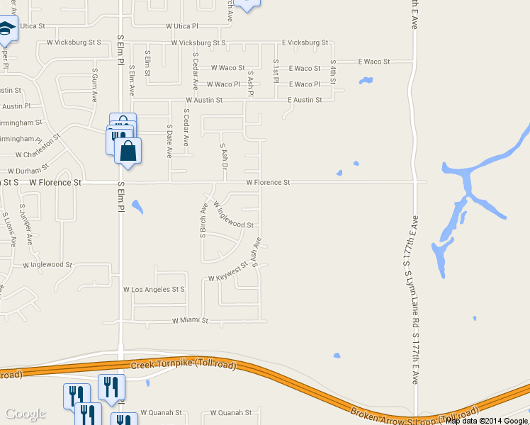 map of restaurants, bars, coffee shops, grocery stores, and more near 4905 South Ash Avenue in Broken Arrow