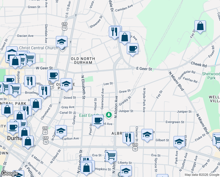 map of restaurants, bars, coffee shops, grocery stores, and more near 708 Lee Street in Durham