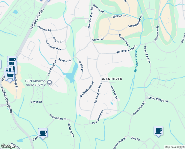 map of restaurants, bars, coffee shops, grocery stores, and more near 3713 Waldenbrook Road in Greensboro