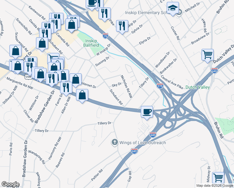 map of restaurants, bars, coffee shops, grocery stores, and more near 4416 Schubert Road in Knoxville