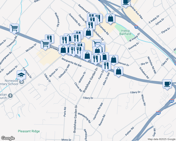 map of restaurants, bars, coffee shops, grocery stores, and more near 5015 Marguerite Road Northwest in Knoxville