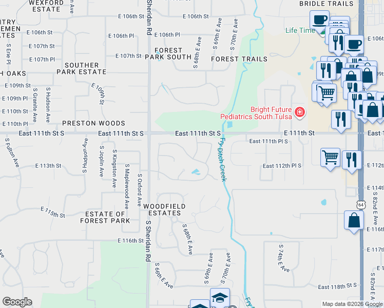 map of restaurants, bars, coffee shops, grocery stores, and more near 6829 East 112th Street South in Bixby