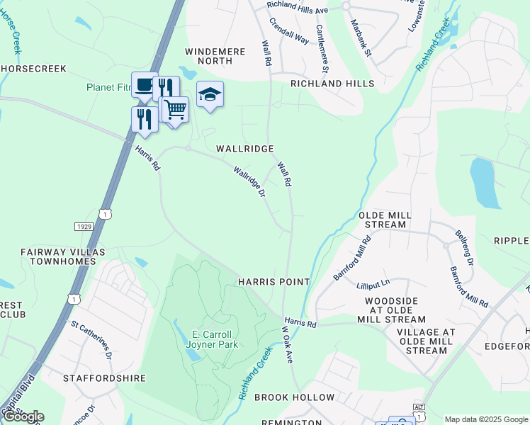map of restaurants, bars, coffee shops, grocery stores, and more near 725 Wallridge Drive in Wake Forest
