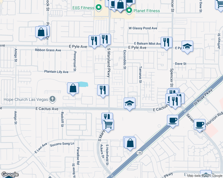 map of restaurants, bars, coffee shops, grocery stores, and more near 1215 Oak Village Avenue in Las Vegas