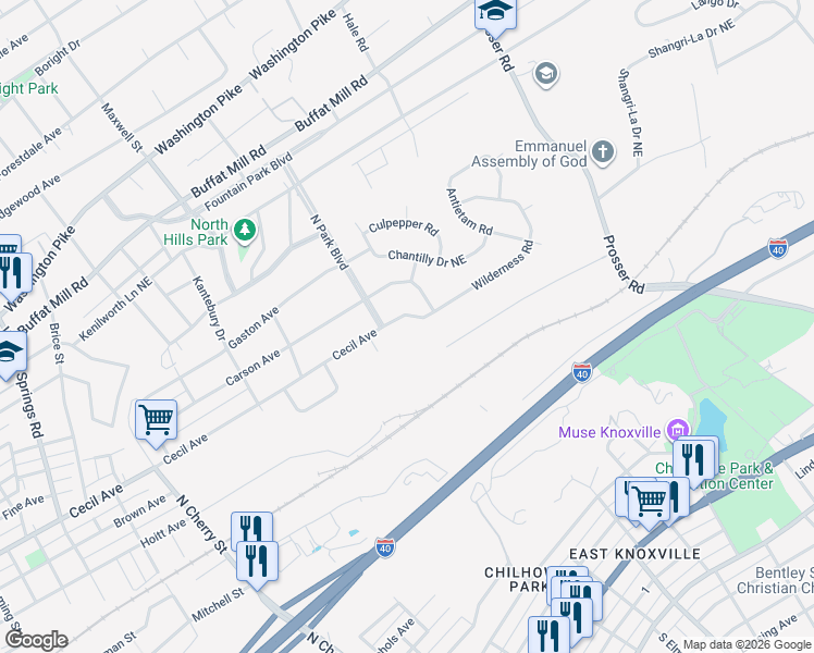 map of restaurants, bars, coffee shops, grocery stores, and more near 3122 Wilderness Road in Knoxville