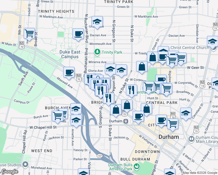 map of restaurants, bars, coffee shops, grocery stores, and more near 820 West Morgan Street in Durham