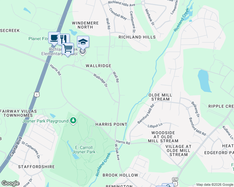 map of restaurants, bars, coffee shops, grocery stores, and more near 601 Flicker Court in Wake Forest