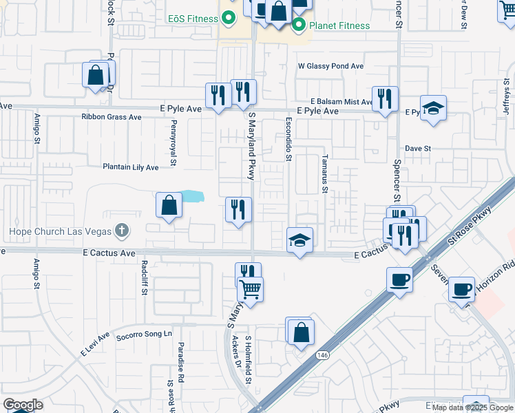 map of restaurants, bars, coffee shops, grocery stores, and more near 1215 Oak Village Avenue in Las Vegas