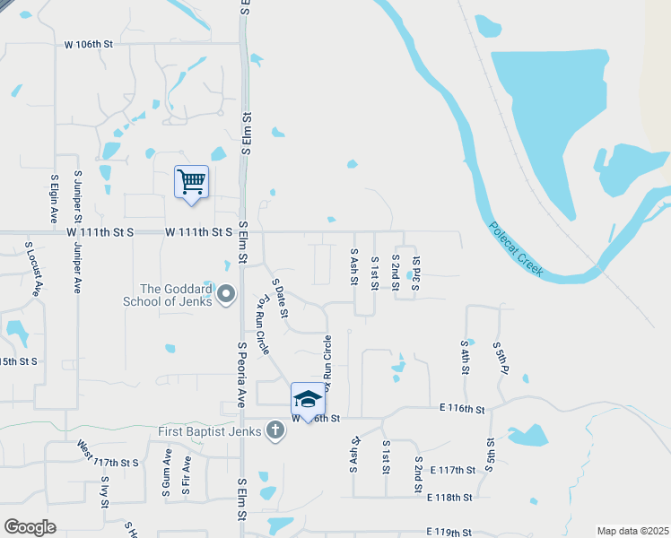 map of restaurants, bars, coffee shops, grocery stores, and more near 11205 South Birch Street in Jenks