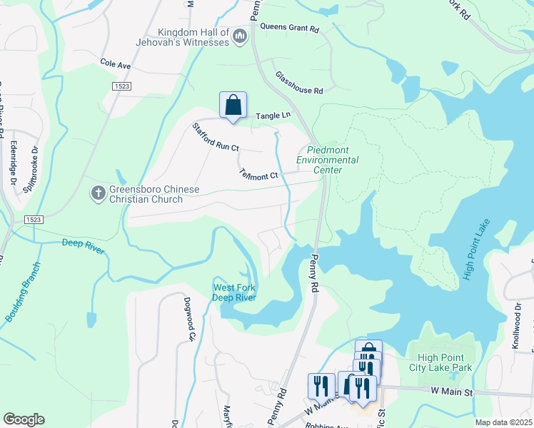 map of restaurants, bars, coffee shops, grocery stores, and more near 1218 Pennywood Drive in High Point