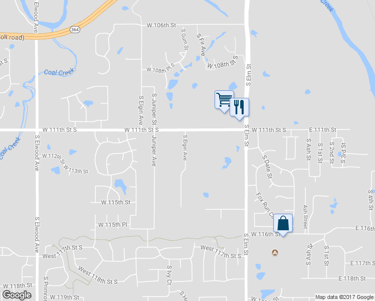 map of restaurants, bars, coffee shops, grocery stores, and more near 920 West 111th Street South in Jenks