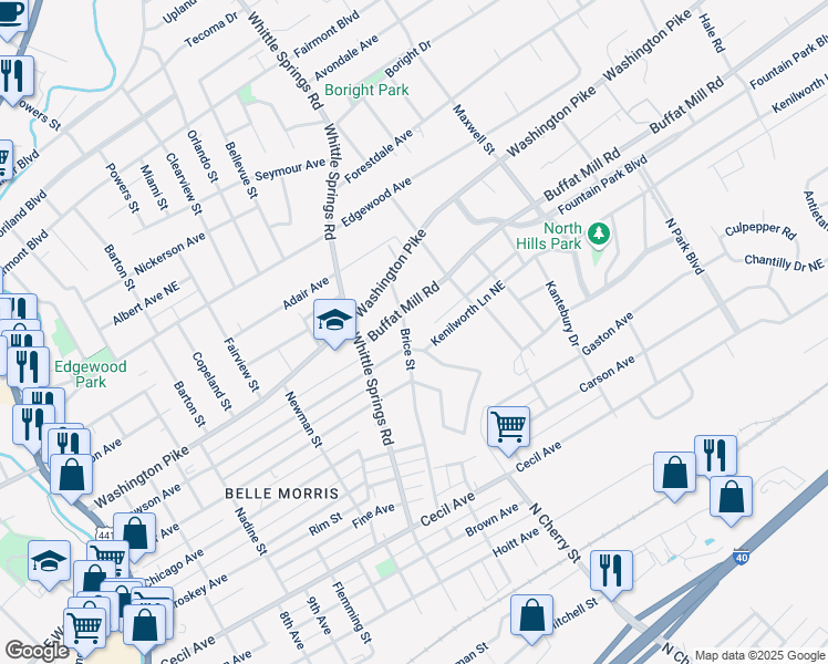 map of restaurants, bars, coffee shops, grocery stores, and more near 2512 Brice St in Knoxville