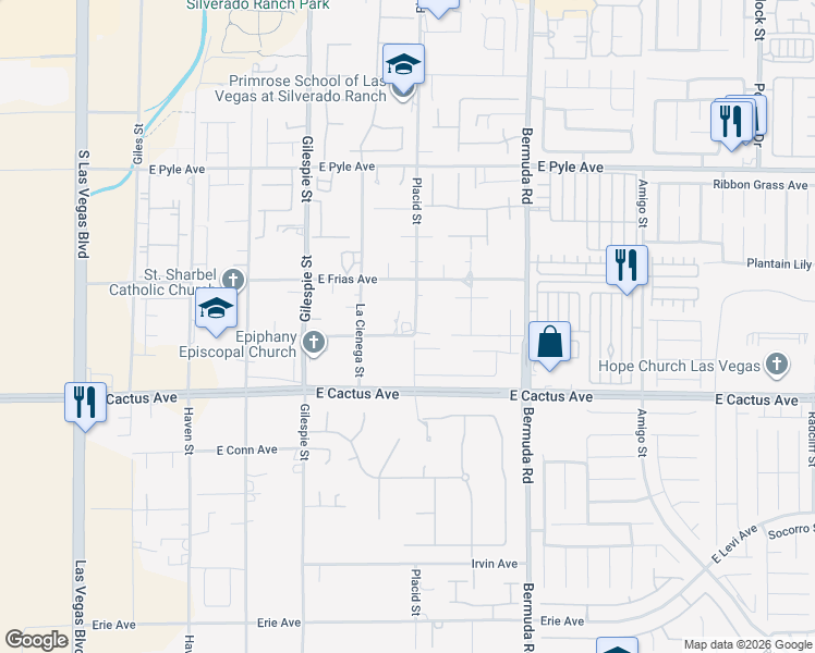 map of restaurants, bars, coffee shops, grocery stores, and more near 290 East Rush Avenue in Las Vegas