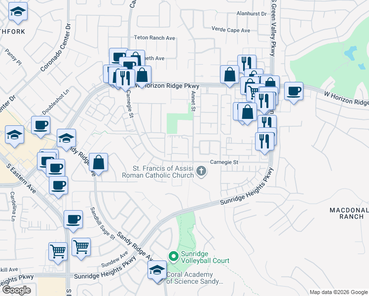 map of restaurants, bars, coffee shops, grocery stores, and more near 830 Carnegie Street in Henderson