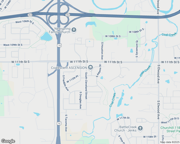 map of restaurants, bars, coffee shops, grocery stores, and more near 11128 South Buchanan Street in Jenks
