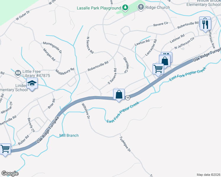 map of restaurants, bars, coffee shops, grocery stores, and more near 28 Lindale Lane in Oak Ridge