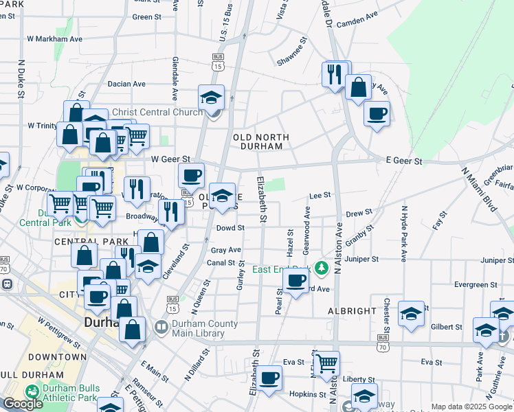 map of restaurants, bars, coffee shops, grocery stores, and more near 314 Lyric Street in Durham