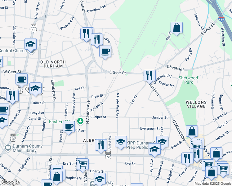 map of restaurants, bars, coffee shops, grocery stores, and more near 1521 N Hyde Park Ave in Durham
